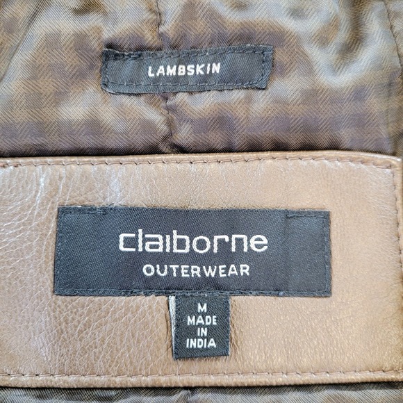 Claiborne 100% Lambskin Leather Bomber Jacket Mens M Brown Full Zip Quilt Liner - Picture 7 of 8